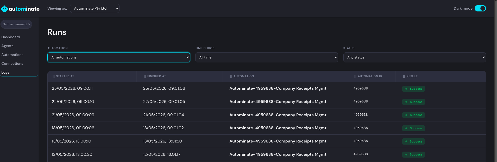 Tom's actual automation activity log showing recent runs
